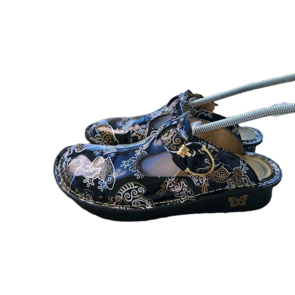Alegria Donna Clogs Mules EU 37 Frog Print Patent Leather Whimsical Goblincore